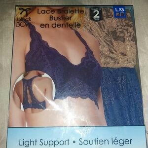 Black Bow Lace Bralette Set - Navy and Beige